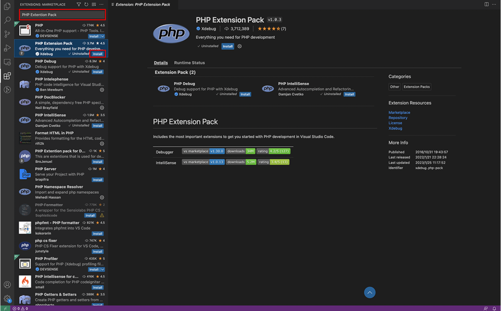 PHP Extention Pack導入手順2