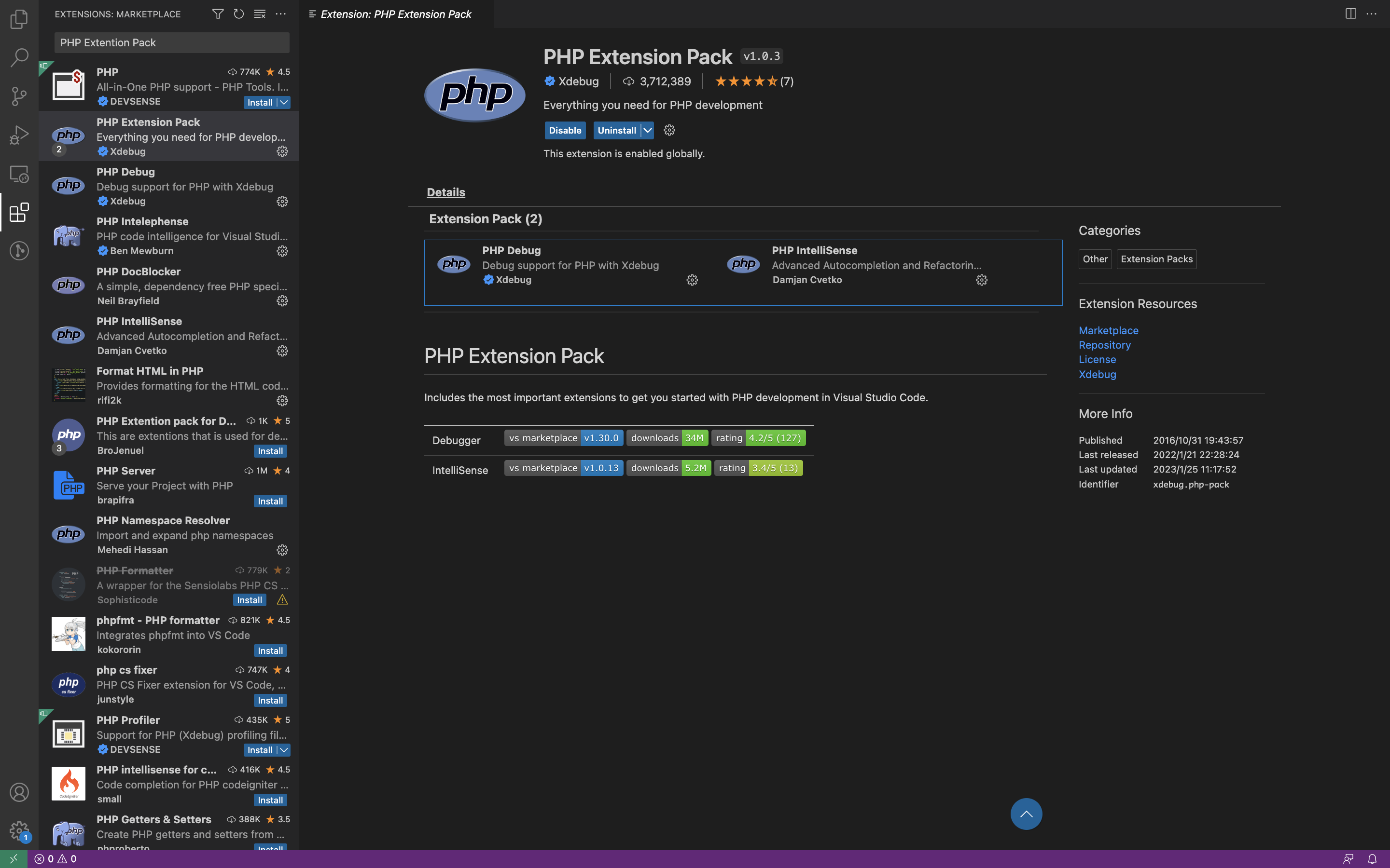 PHP Extention Pack導入手順3